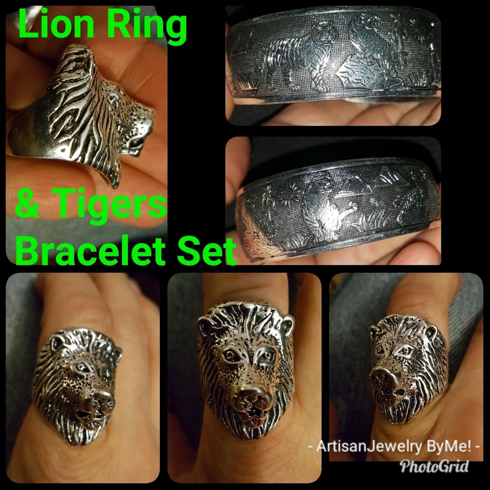 Tiger&LionSet Ring Bracelet Etched Antuqued Patina